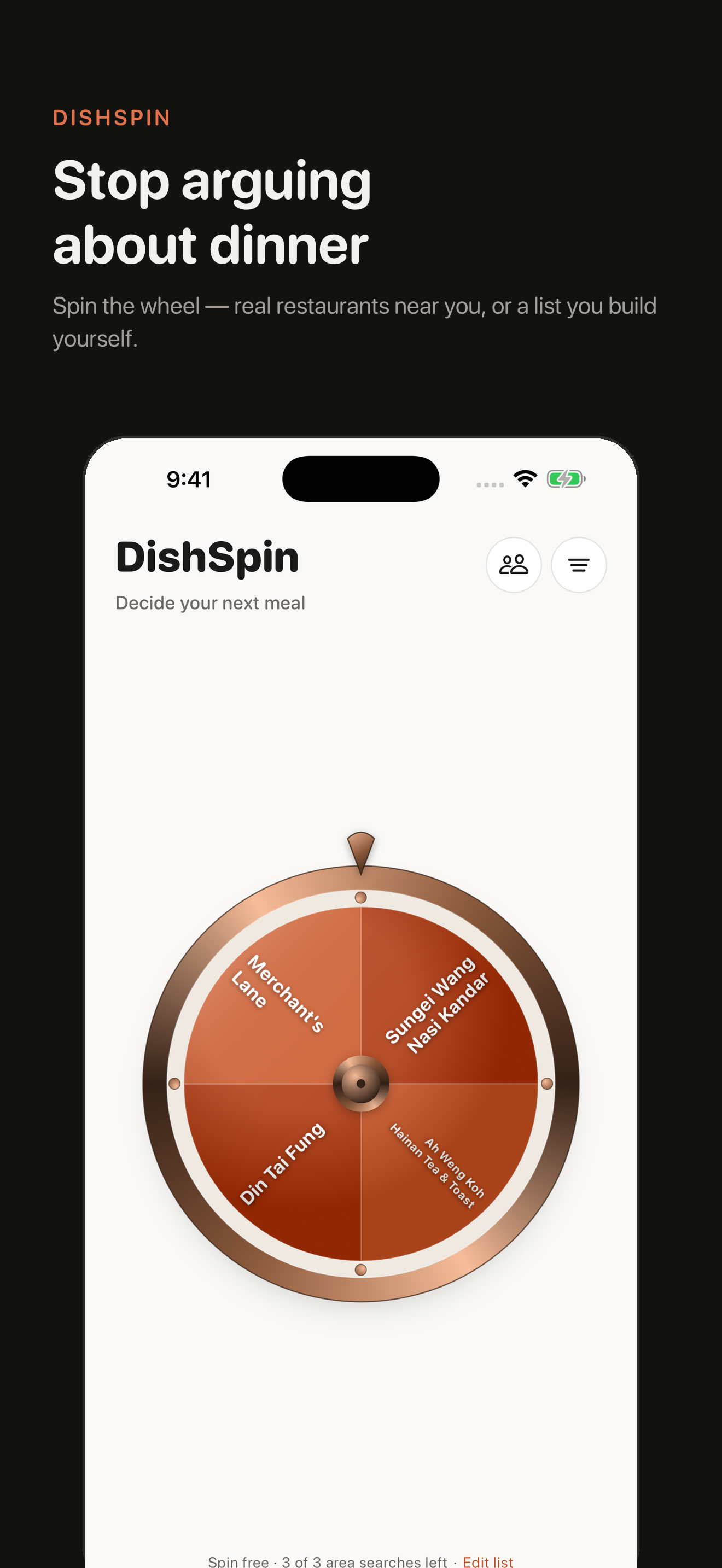 DishSpin wheel showing nearby restaurants