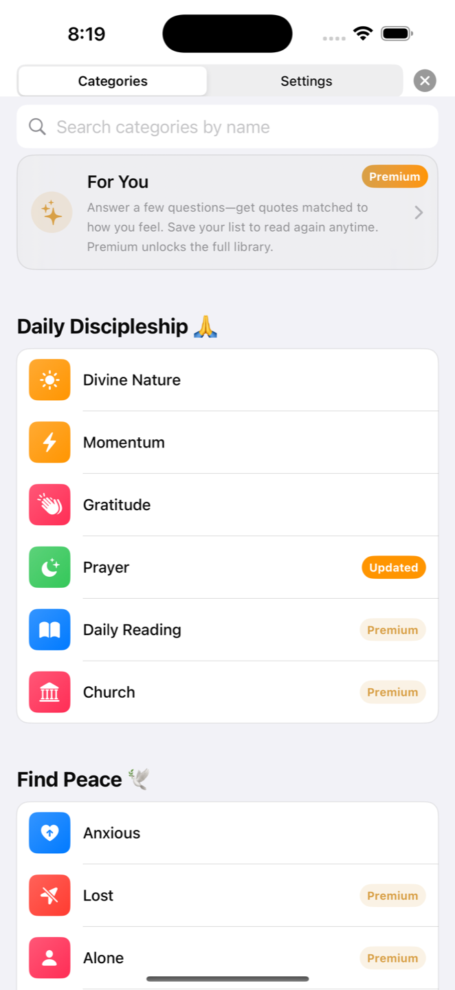 The categories list, with collections including Divine Nature, Momentum, Gratitude, Prayer, Anxious, Lost and Alone