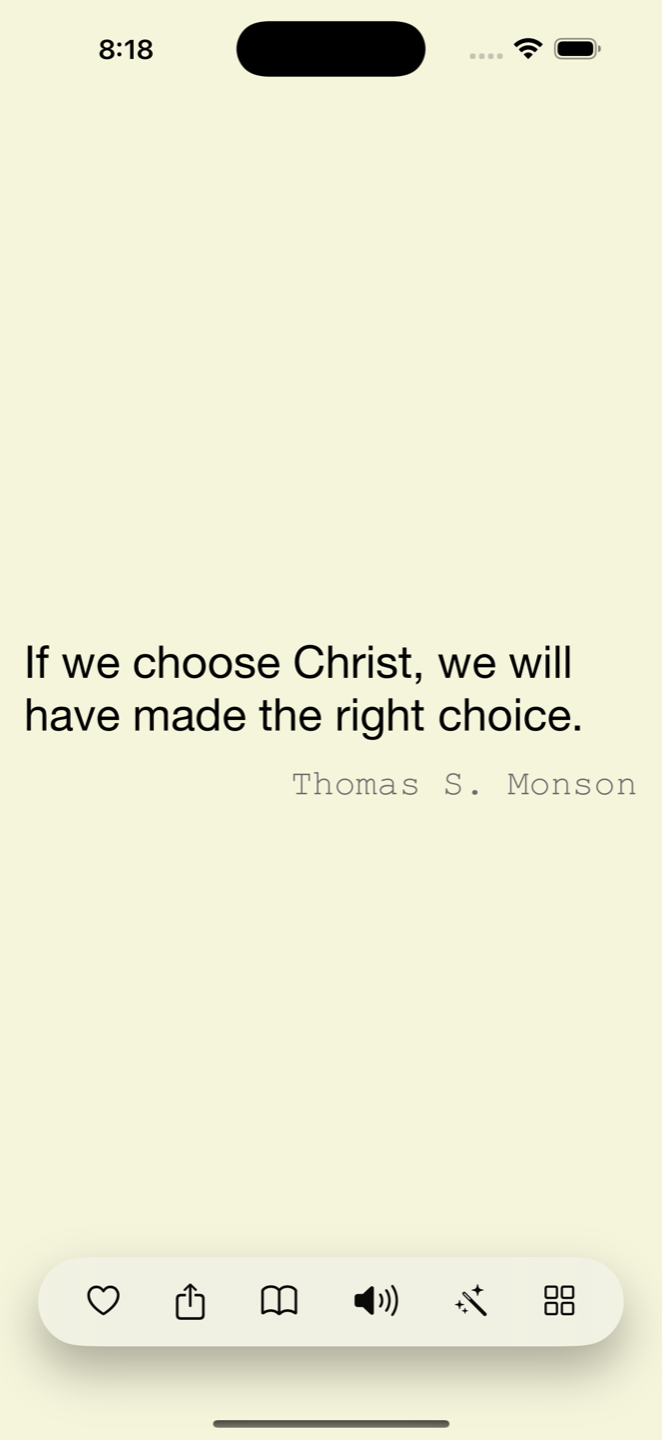 The LDS Quotes daily feed, showing a quote from Thomas S. Monson on a warm cream background
