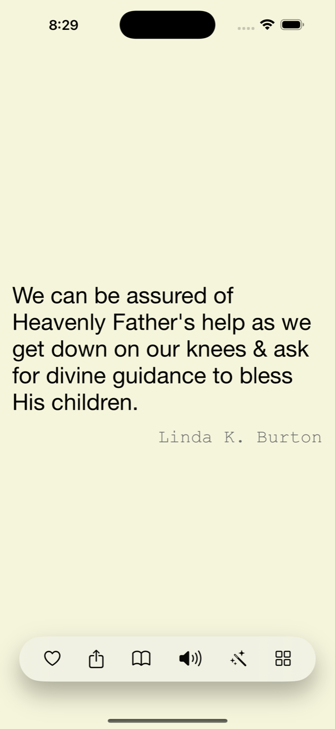 A quote from Linda K. Burton about asking for divine guidance, with heart, share, read, listen and browse buttons along the bottom
