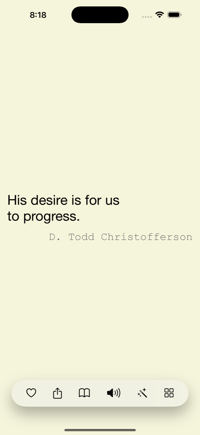 A short quote from D. Todd Christofferson reading “His desire is for us to progress.”