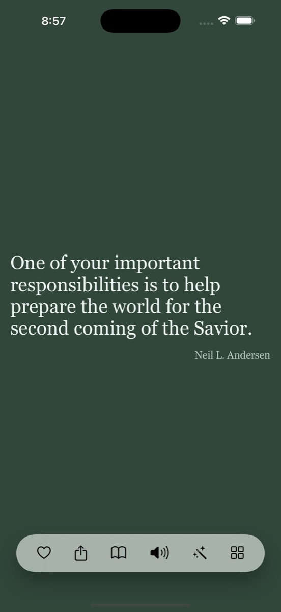 The feed in the Forest theme: deep green background with a left-aligned serif quote from Neil L. Andersen