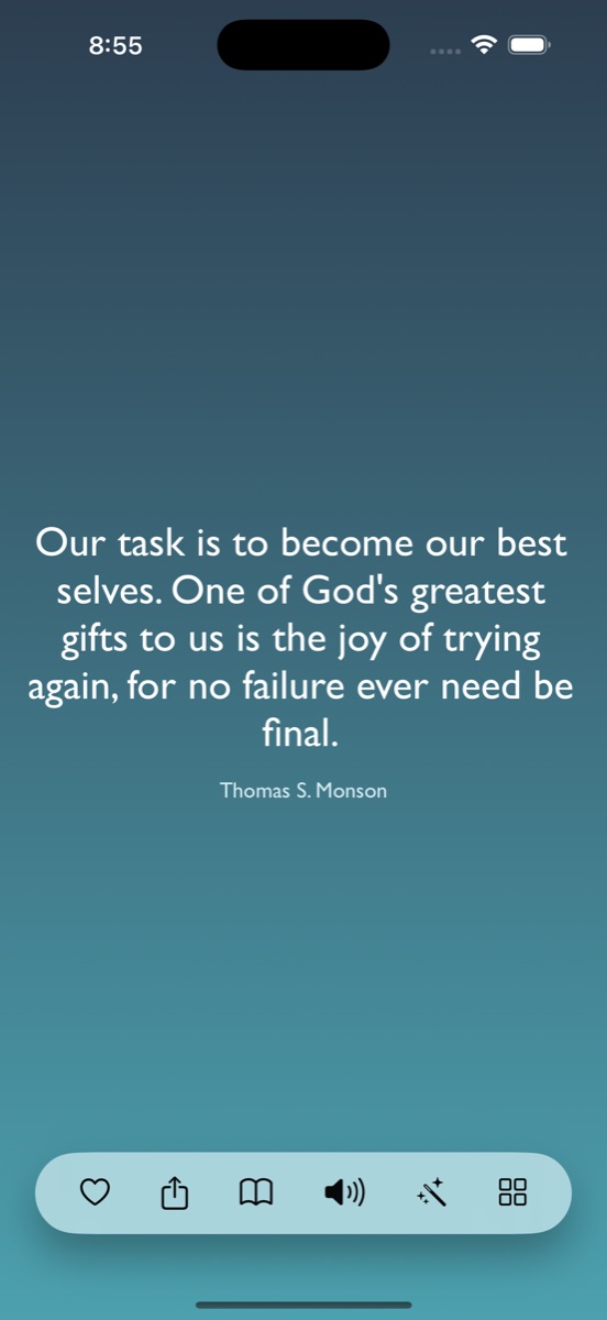 The feed in the Ocean theme: deep blue-teal gradient with a white quote from Thomas S. Monson