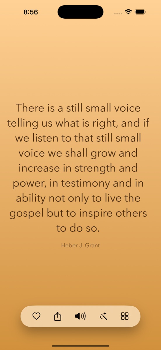 The feed in the Sunrise theme: warm golden gradient with a quote from Heber J. Grant