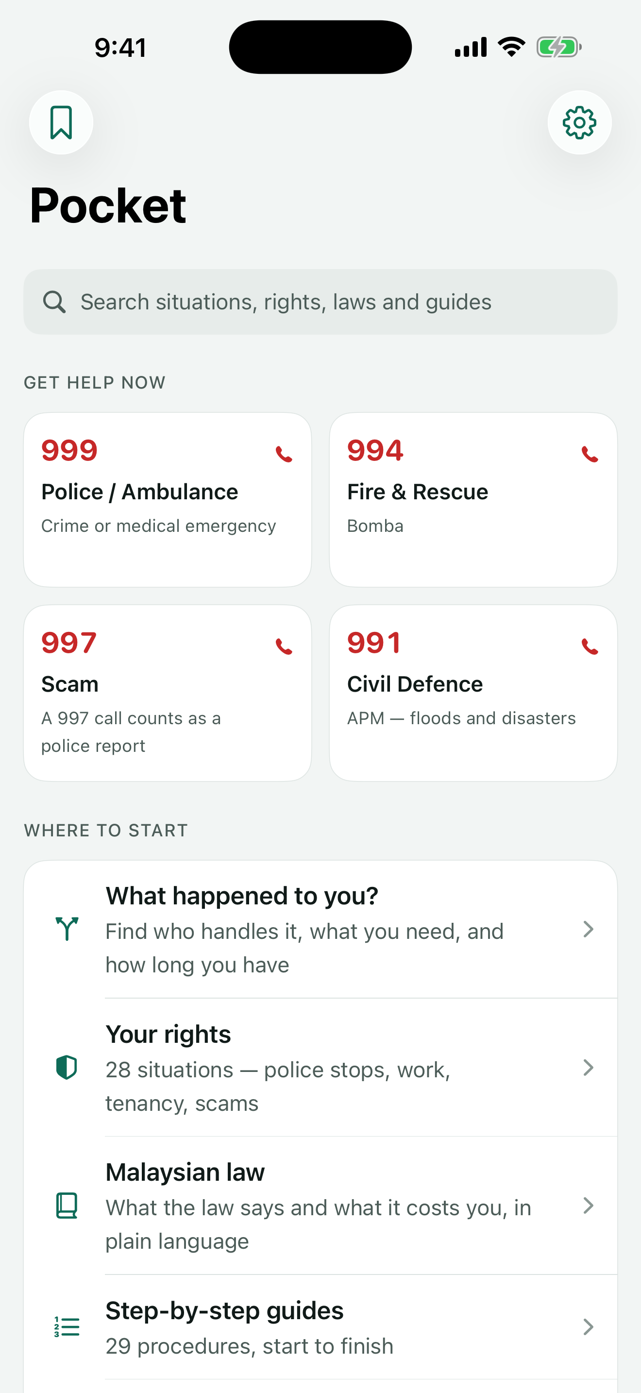 Malaysia Pocket home screen with emergency numbers