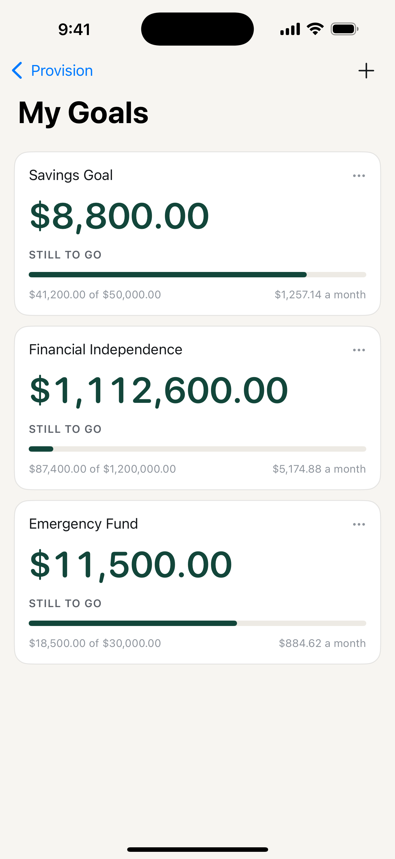 Goals screen