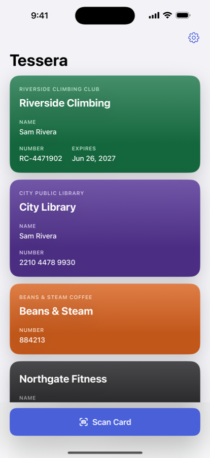 Tessera's home screen with several scanned cards