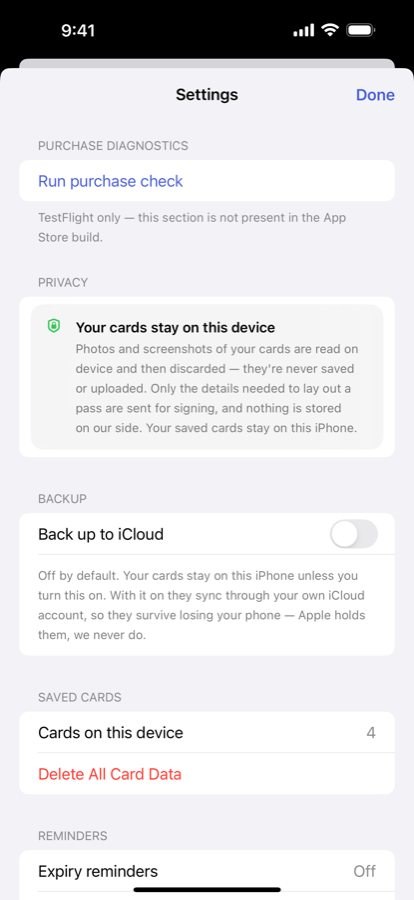 Settings, including iCloud backup